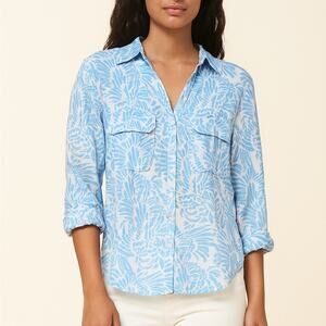 Roller Rabbit 100% Linen Guy Shirt in Blue/White Leaf Print Size Small Coastal